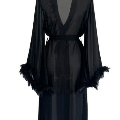 Faux Silk Feather Trim Long Tie Robe