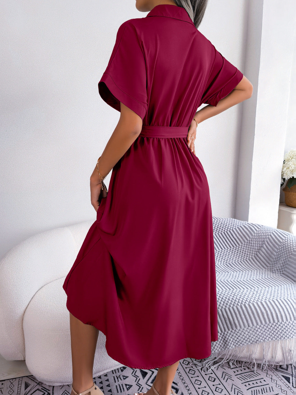 Loose Solid Tie Waist Shirt Dress