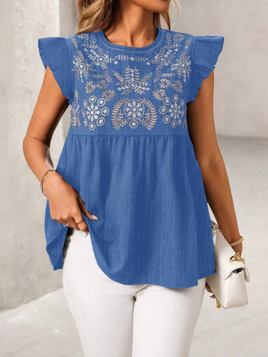 Embroidered Flutter Sleeve Top
