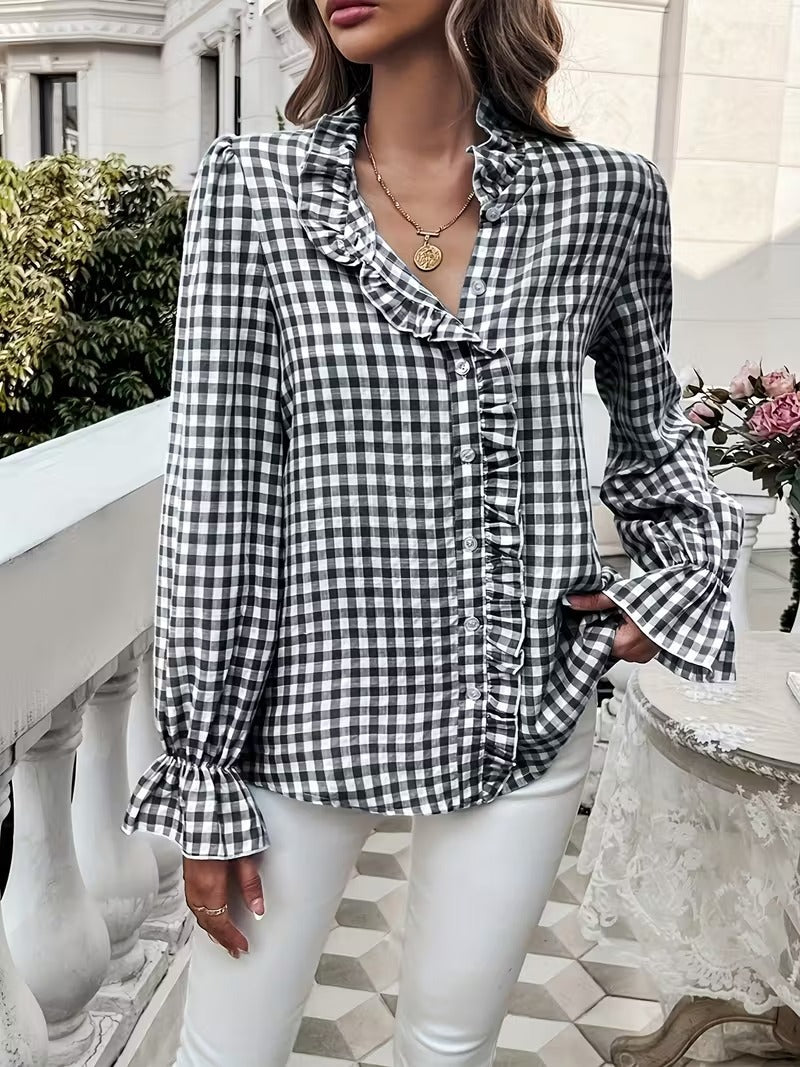 Ruffle Collar Plaid Long Sleeve Shirt