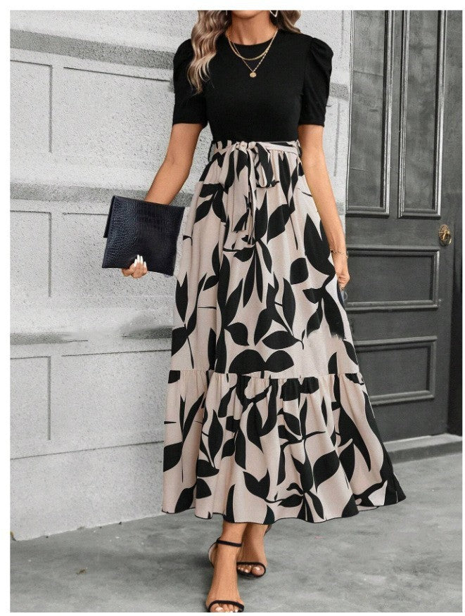 Black and White Floral Print Dress with Belted Waist