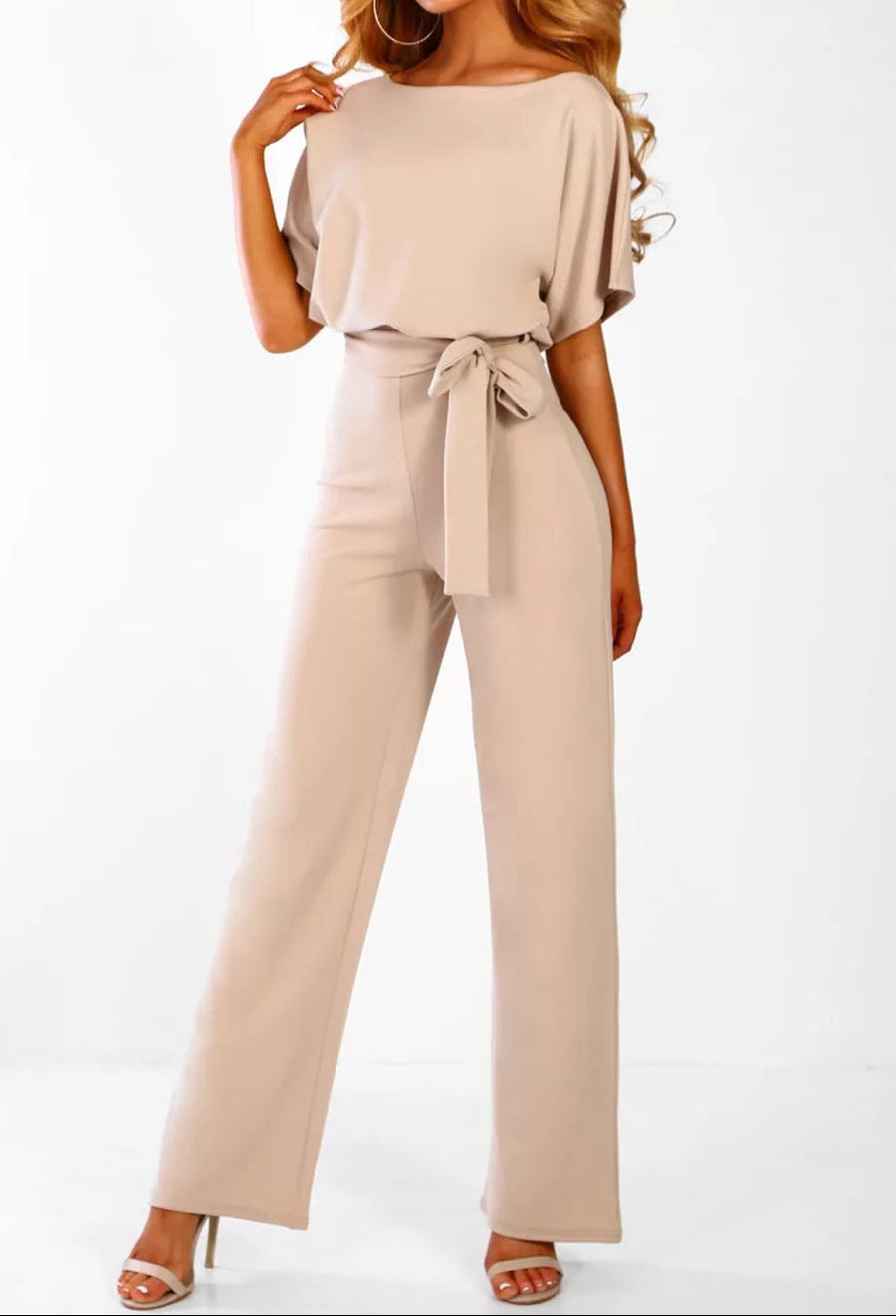 Button Tie Short Sleeve Straight Leg Jumpsuit