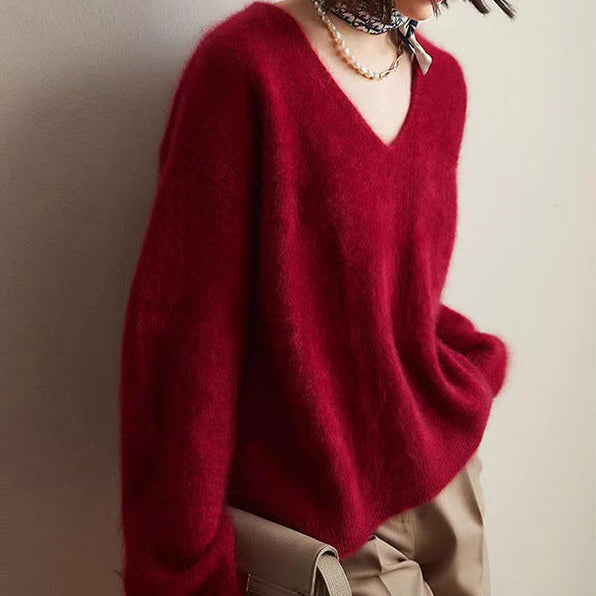 Soft Faux Mink V-Neck Knit Sweater