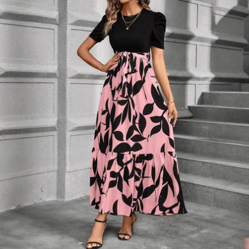 Black and White Floral Print Dress with Belted Waist
