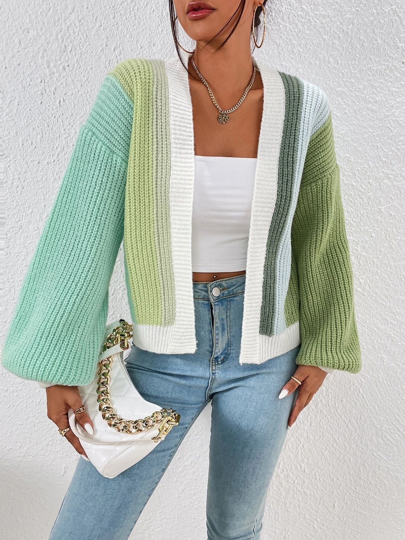 Women Color Block Knit Cardigan