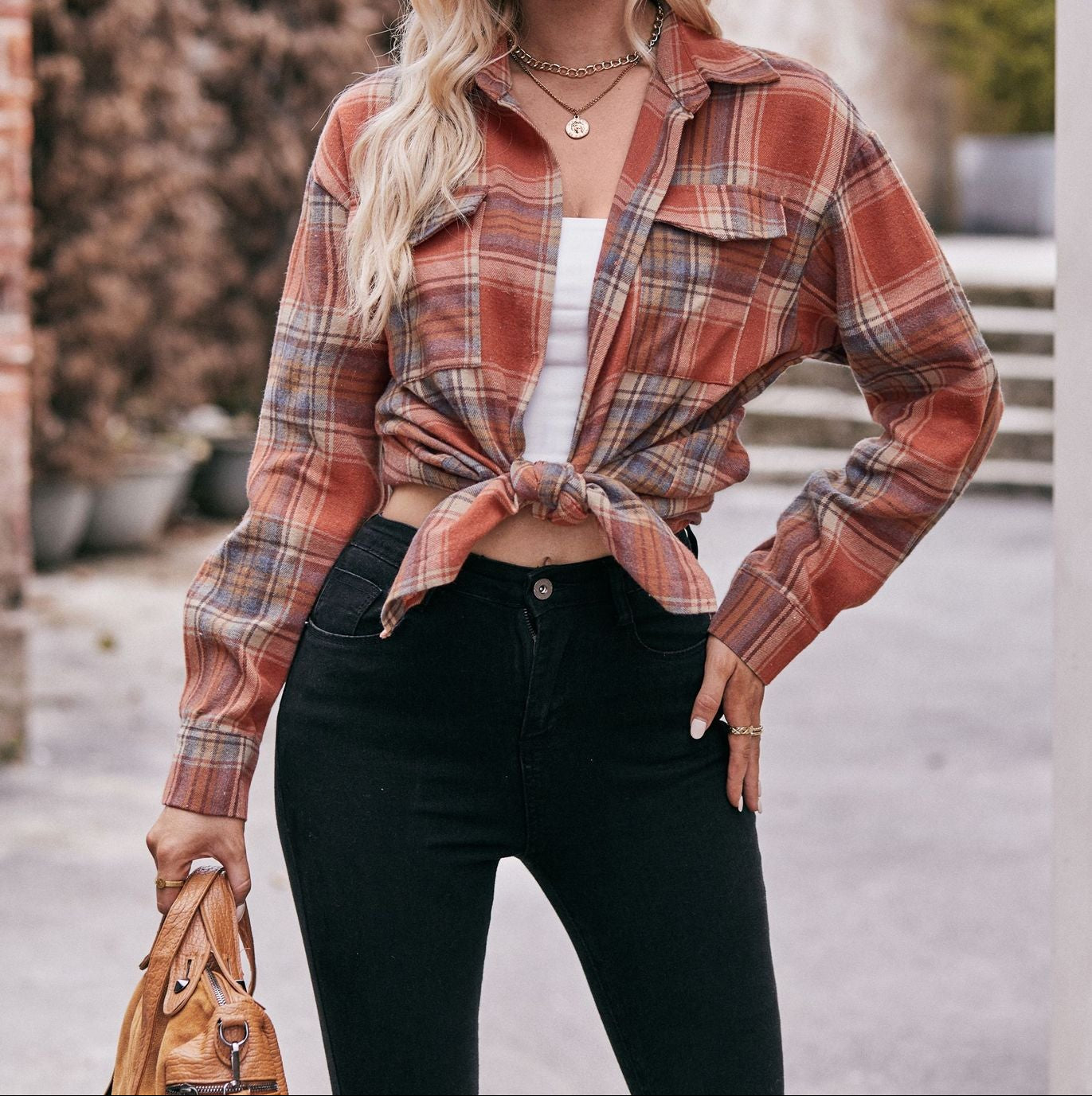 Women's Color Block Plaid Button-Up Shirt