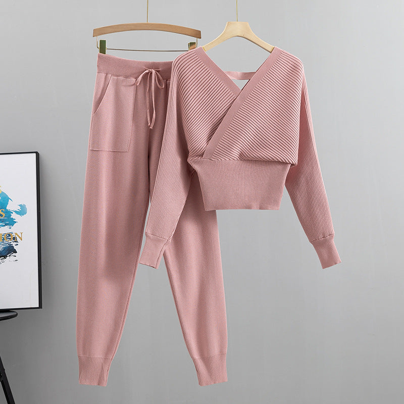 Off-Shoulder Knit Top and Jogger Set