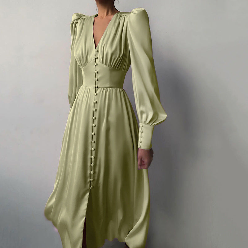Satin Waist Dress Women Lantern Sleeve Elegant Long Dress
