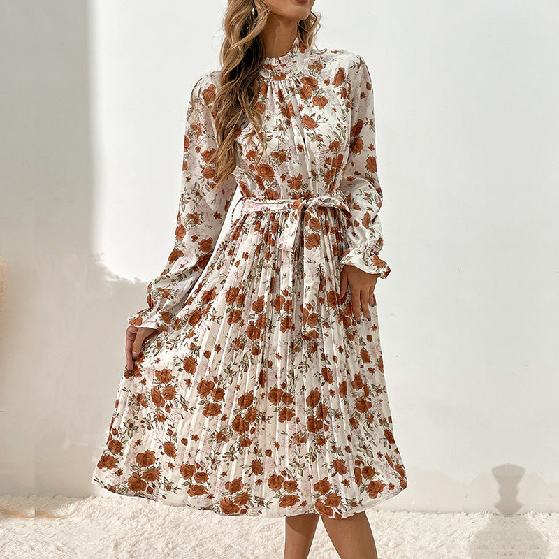 Floral Pleated Long Sleeve Dress with Belt