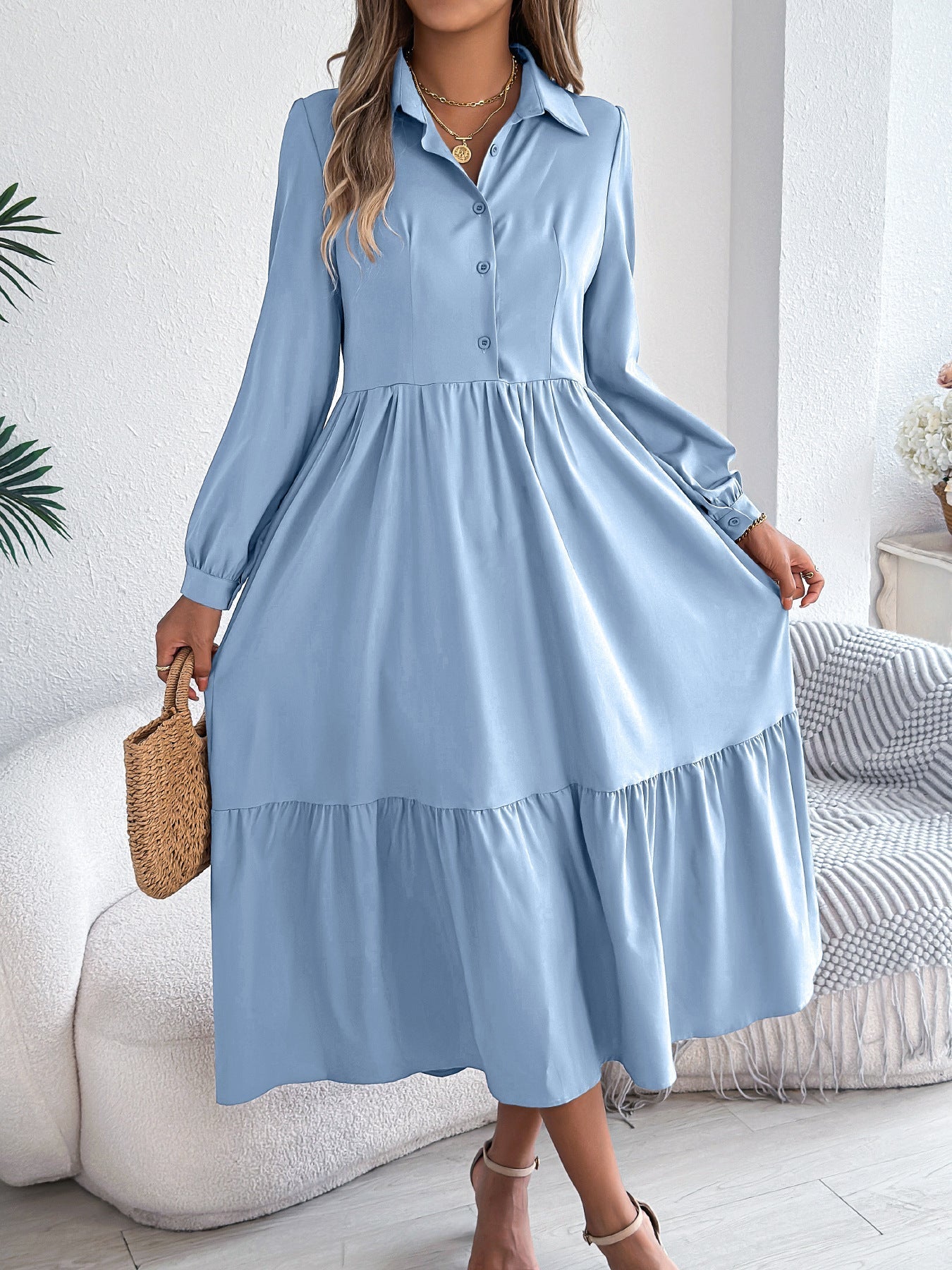 Button-Down Long Sleeve Tiered Dress