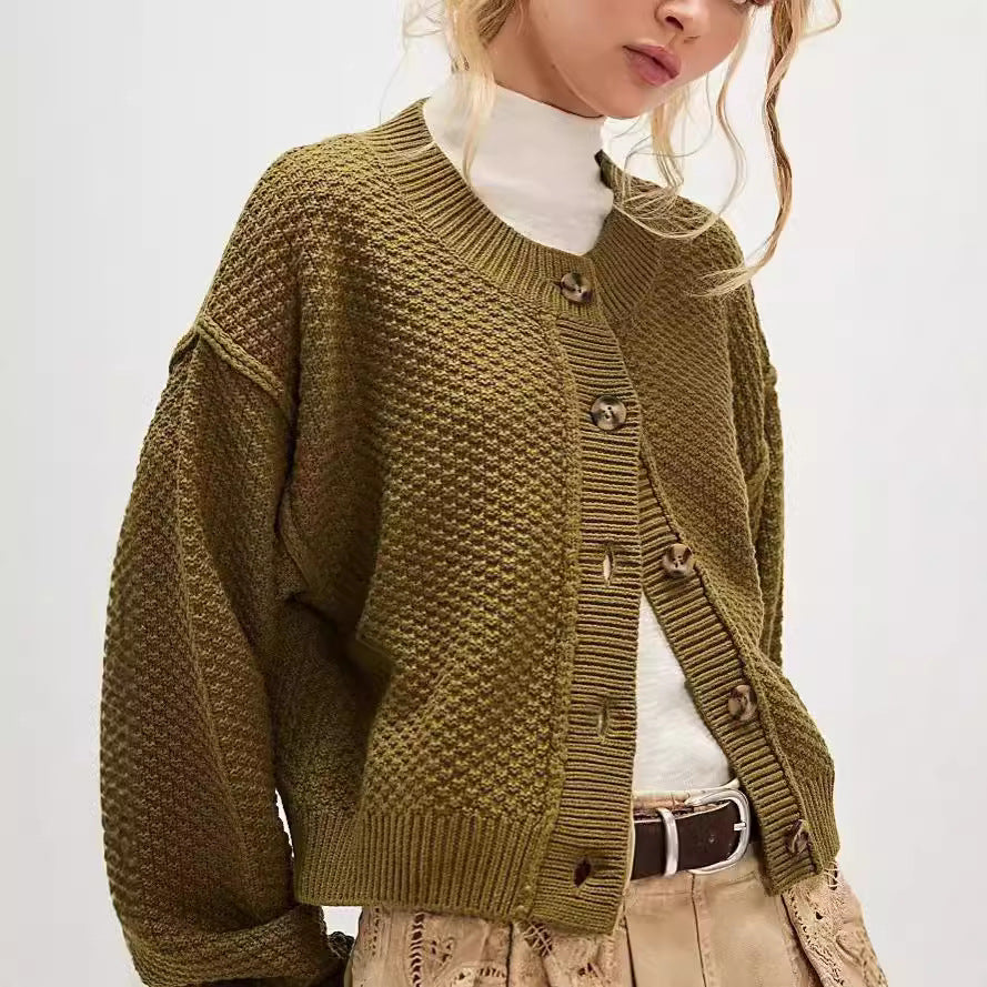 Olive Green Button-Up Knit Cardigan