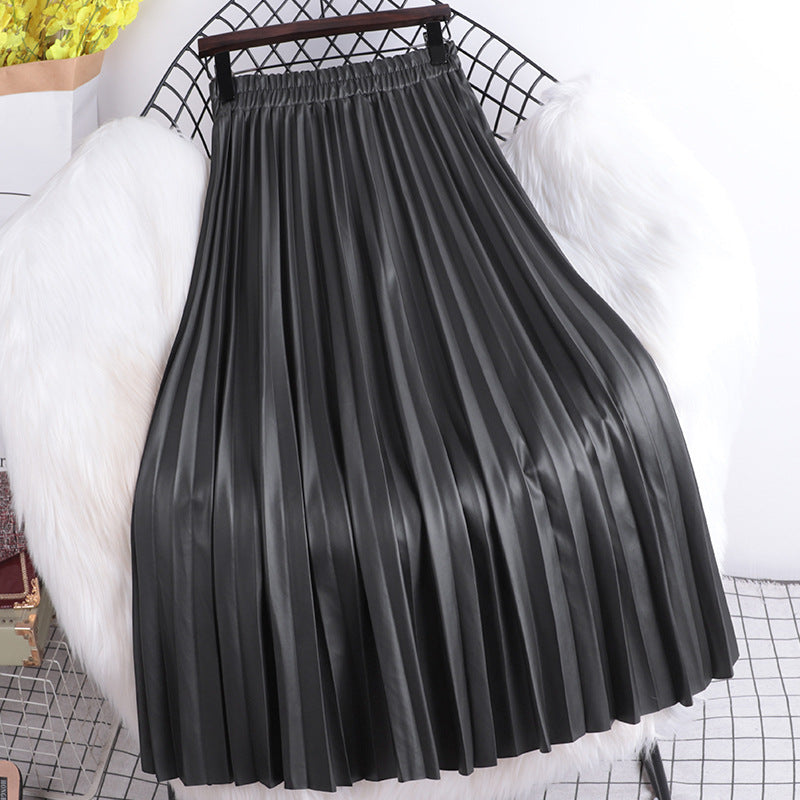 High-Waist Pleated A-Line PU Leather Skirt