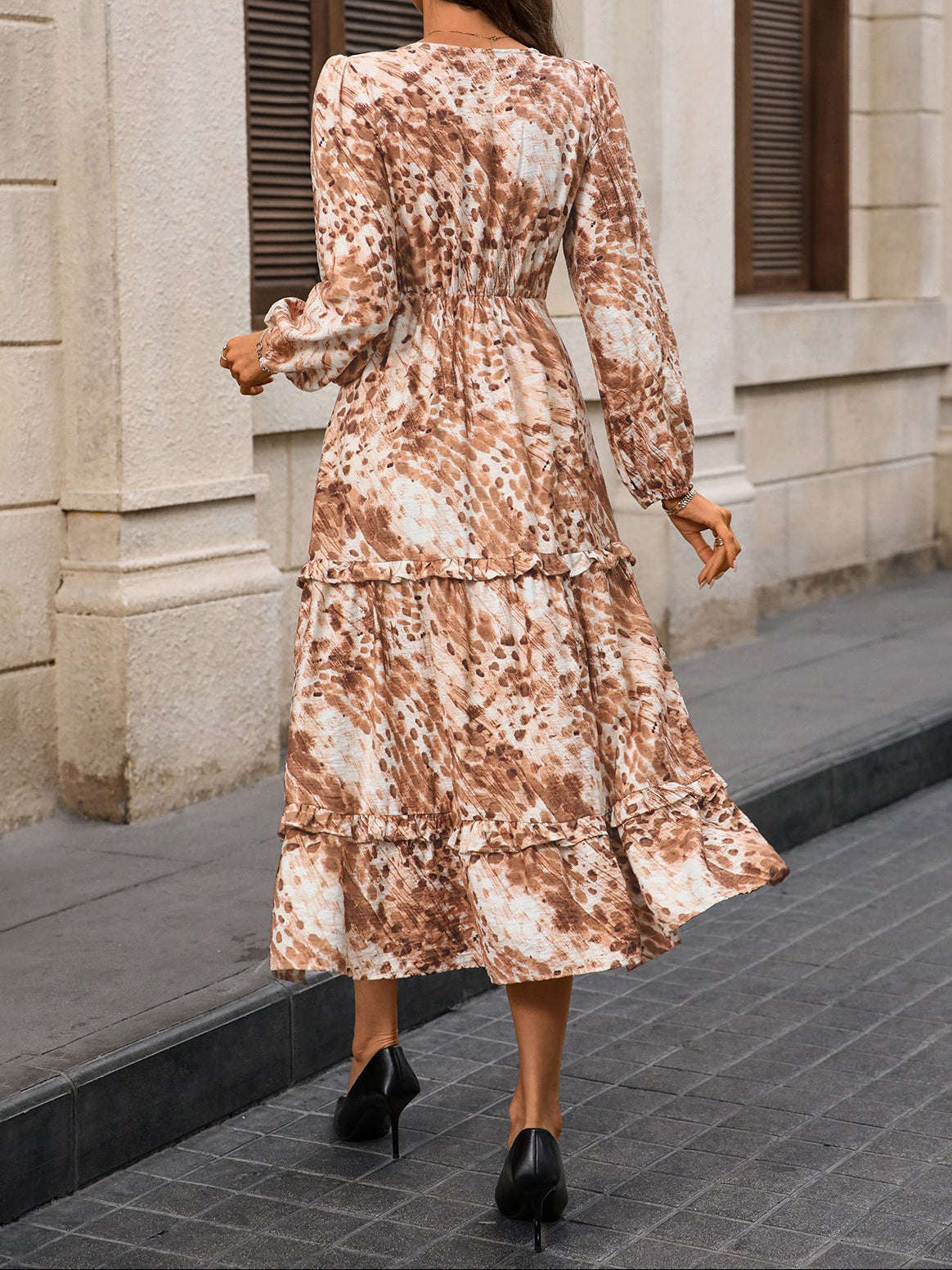 Elegant V Neck Floral Long Sleeve Dress for Women