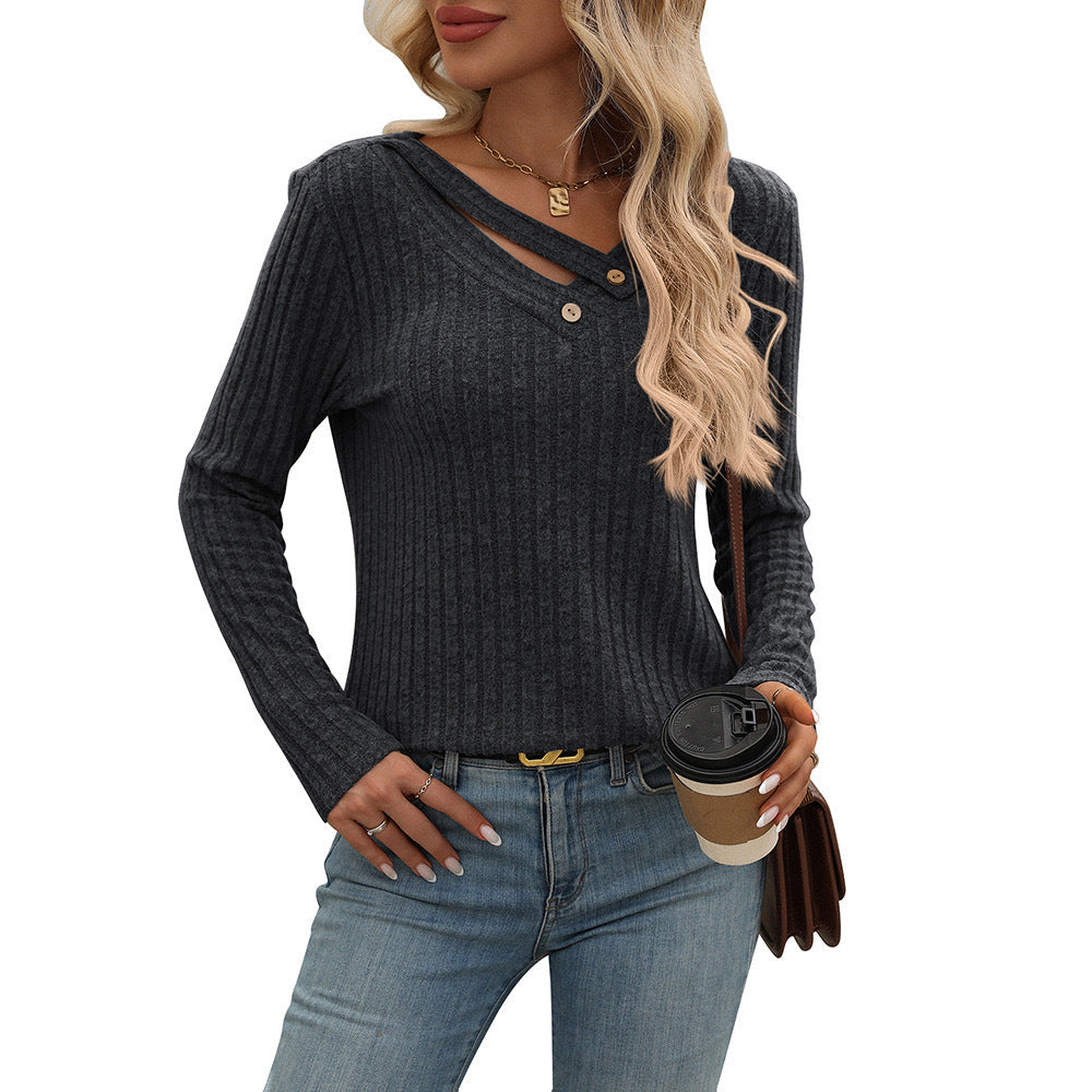 Relaxed Fit V-Neck Button Ribbed Top