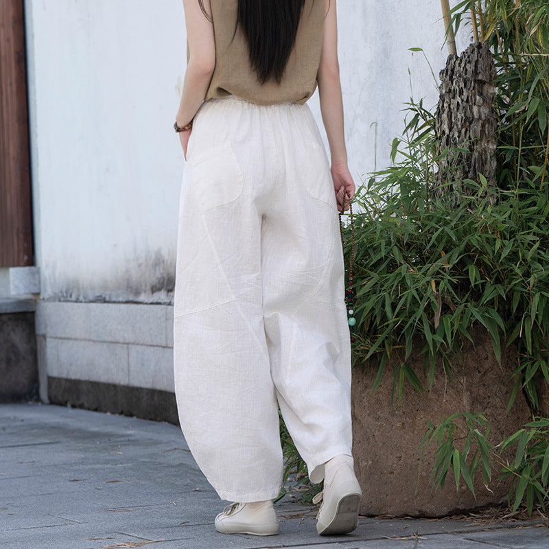 Linen Blend Lantern Wide-Leg Elastic Waist Pants