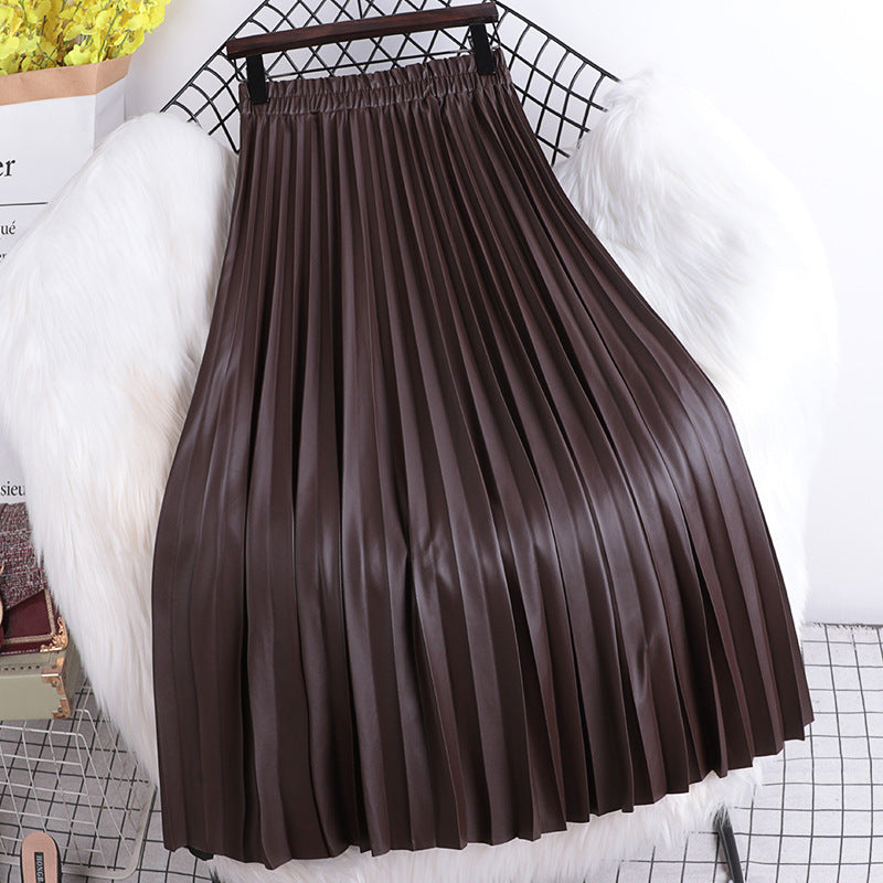 High-Waist Pleated A-Line PU Leather Skirt