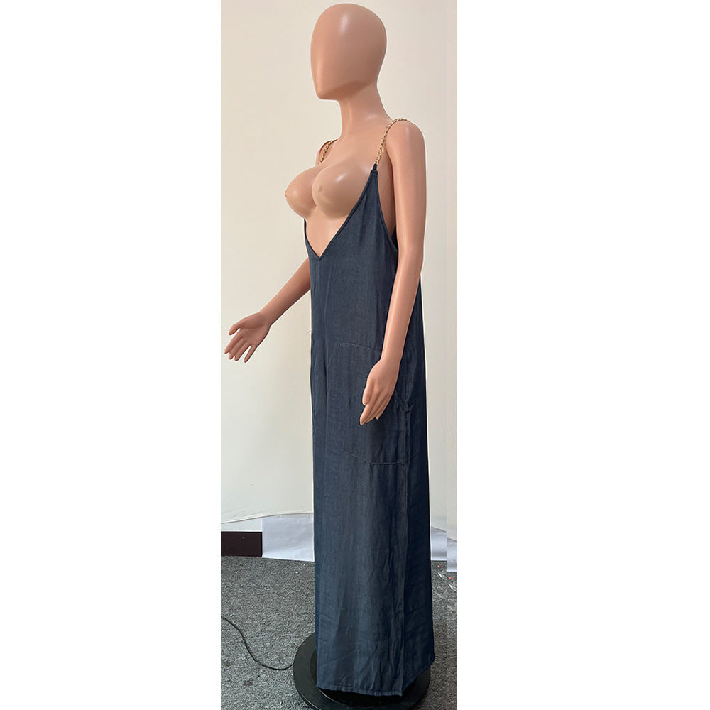 Metal Strap Faux Denim Pocket Jumpsuit