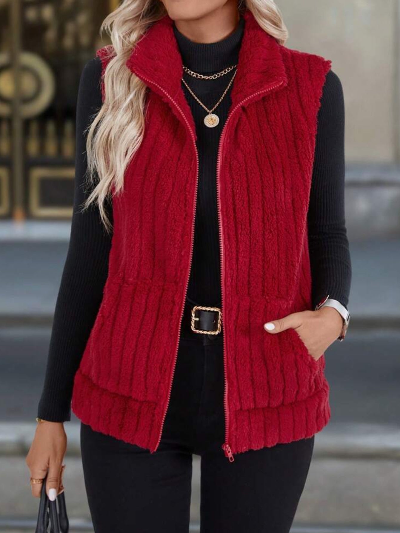 Plaid Zip-Up Fuzzy Vest with Pockets