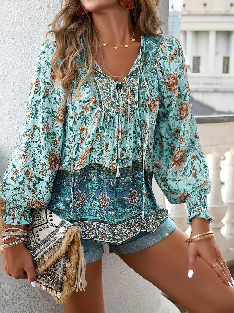 Boho Print V-Neck Tie Blouse