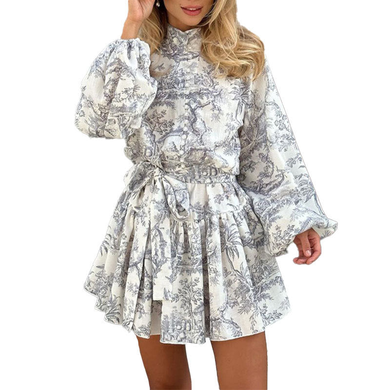Floral Print Long Sleeve Tie-Waist Dress