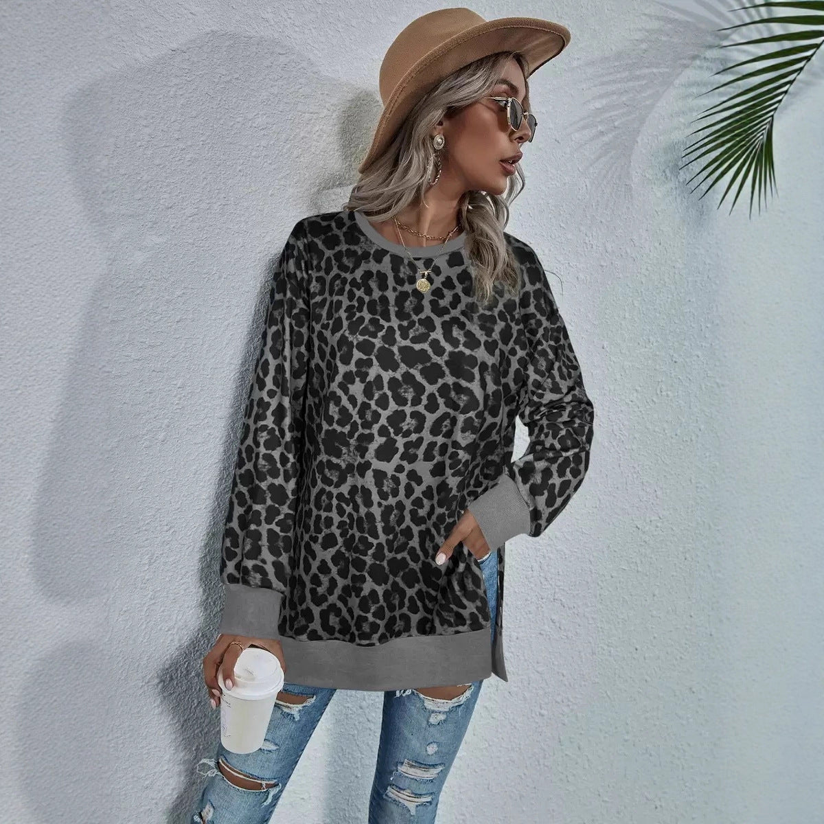 Printed Round Neck Long Sleeve Casual Sweatshirt