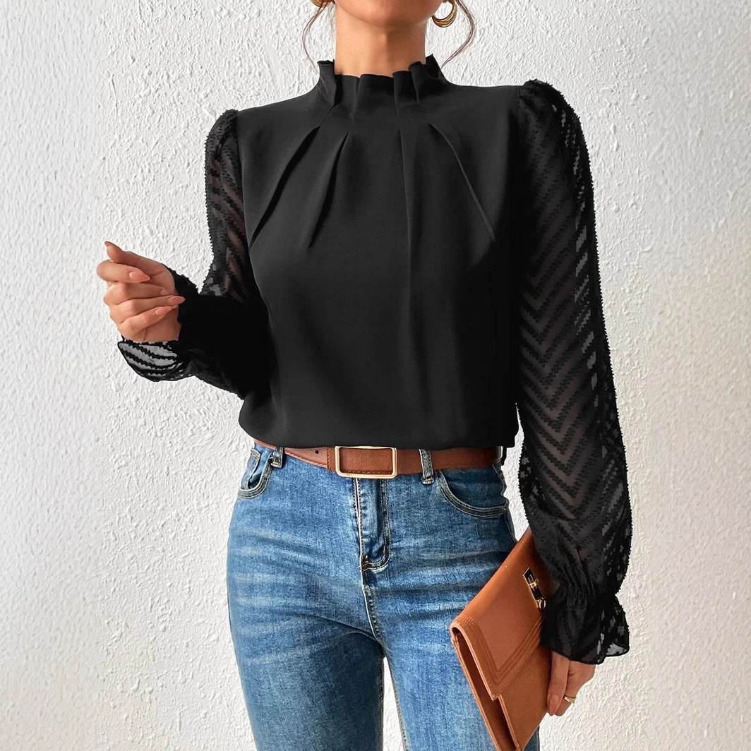Chevron Sleeve Pleated Collar Blouse