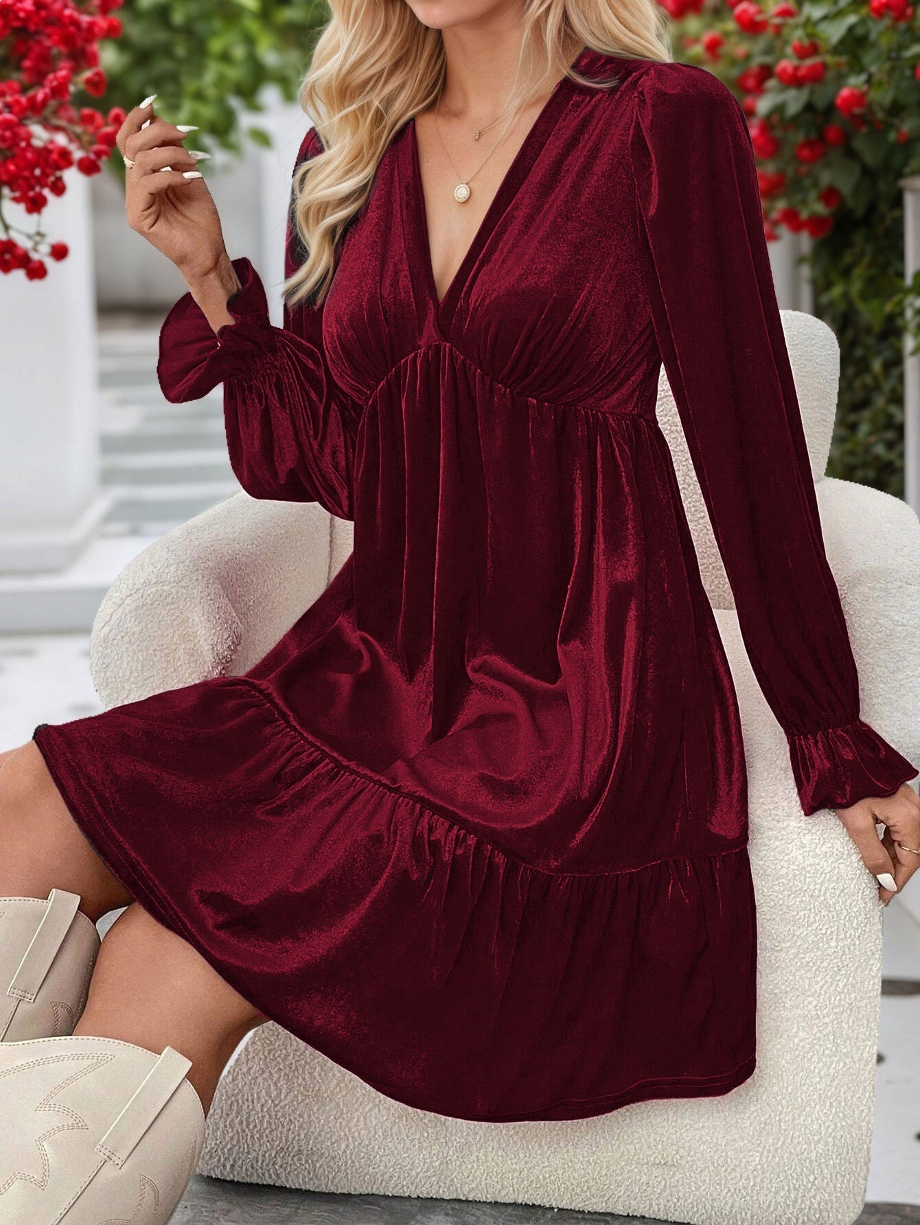 Black Velvet V-Neck Long Sleeve Dress