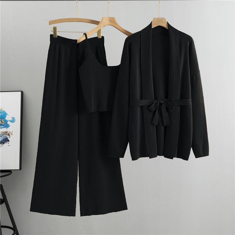 Knit Cardigan Camisole and Wide-Leg Pants Set