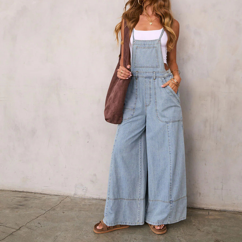 Wide Leg Denim Overall Jumpsuit with Pockets