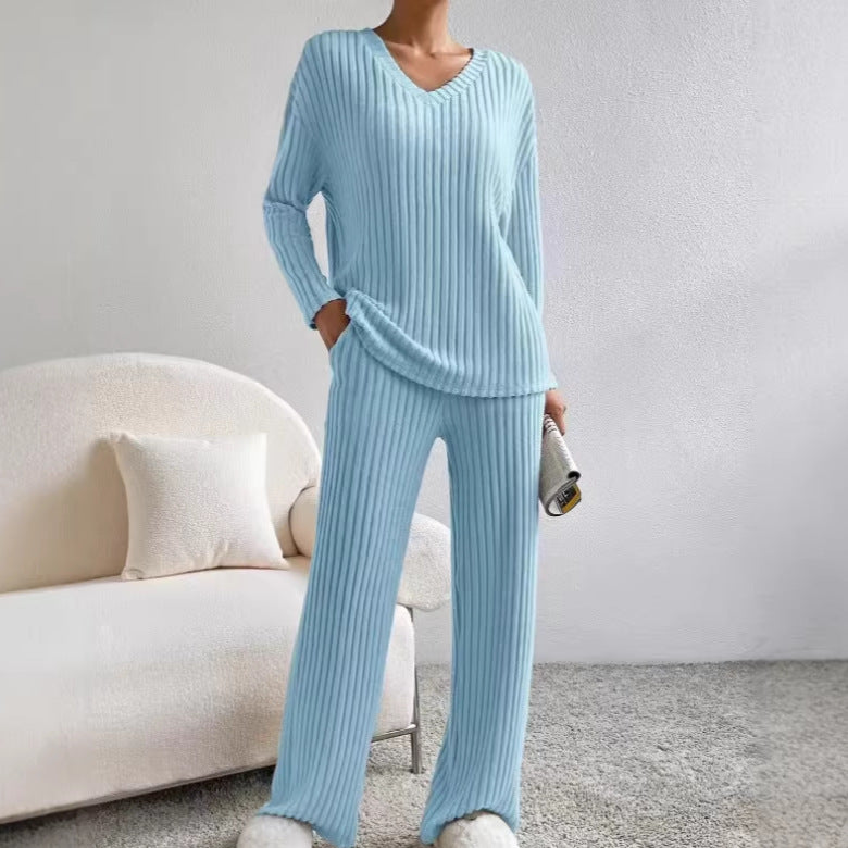Long Sleeve V Neck Ribbed Knit Top and Straight Pants Set
