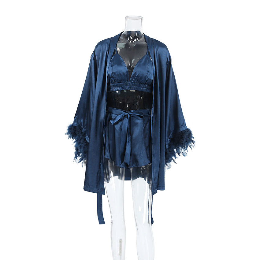 Faux Silk Feather Pajama Set Women Robe Lingerie 3 Piece