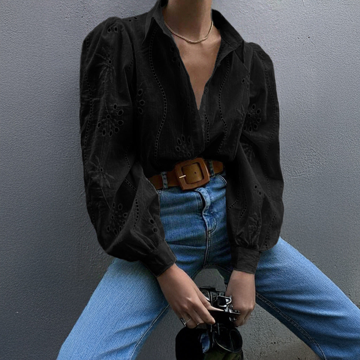 Women's Hollow Bubble Sleeve Loose Cardigan Top