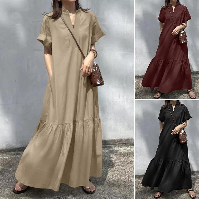 Stand Collar V-Neck Short Sleeve A-Line Maxi Dress