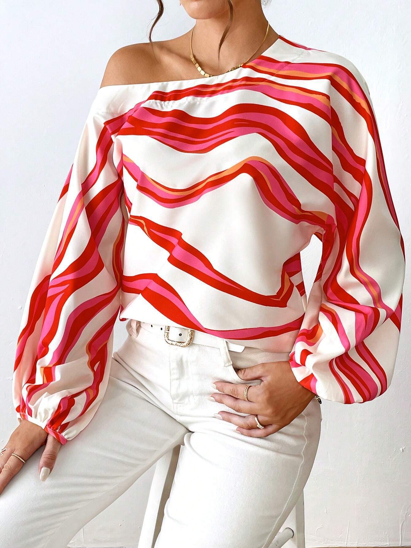 Off Shoulder Printed Loose Fit Shirt T-Shirt for Women