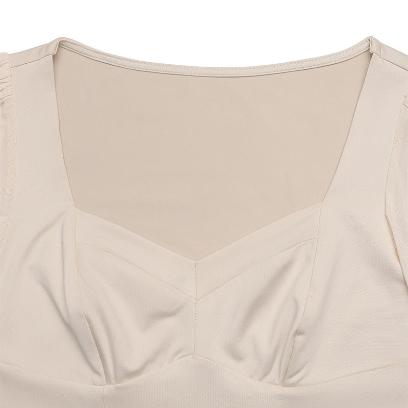 Square Neck Mesh Long Sleeve Solid Color Bodysuit