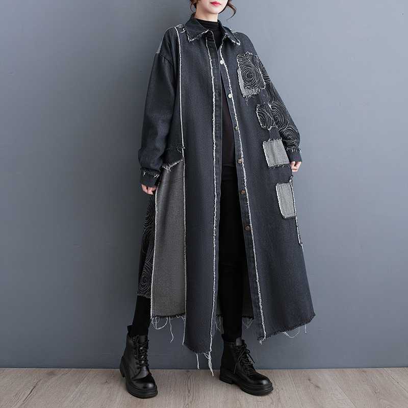 Oversized Vintage Patchwork Denim Trench Coat
