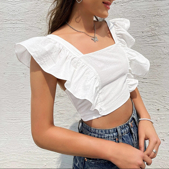 Square Neck Backless Tie Ruffle Top