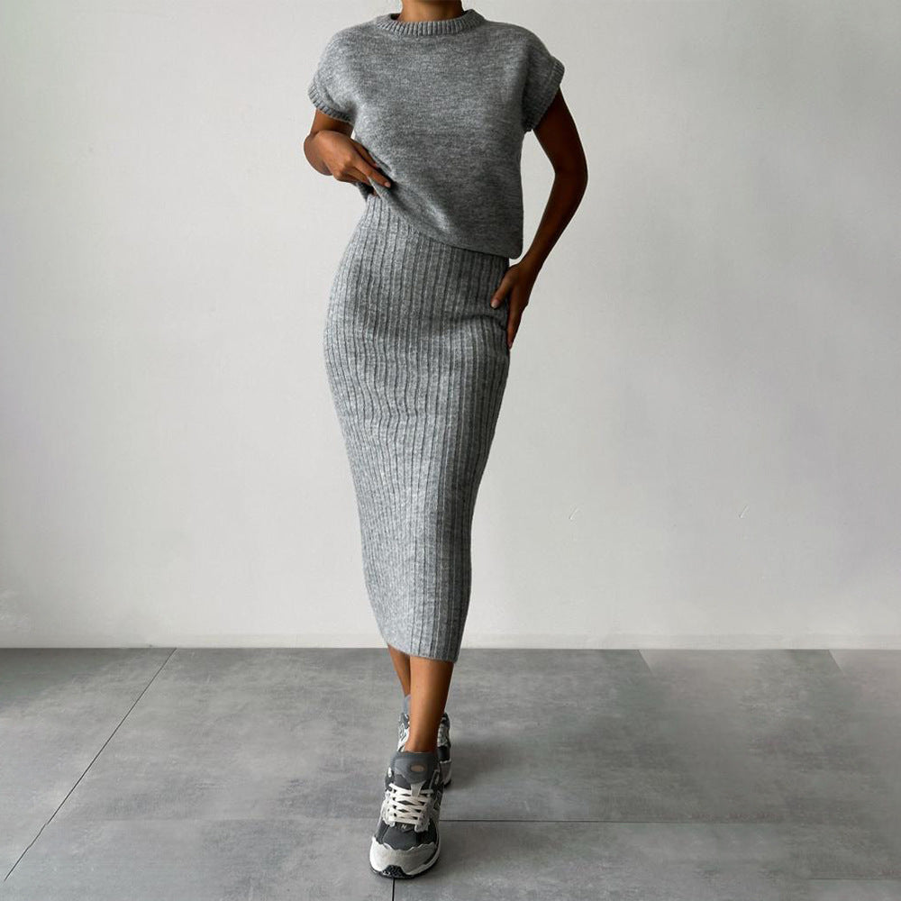 Women Sleeveless Knit Sweater Top and Long Skirt Set