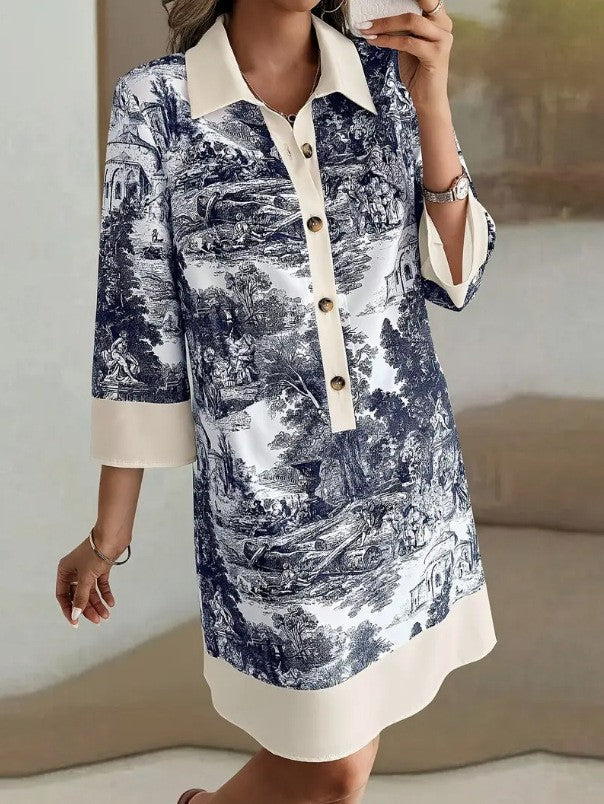 Printed Mid-Sleeve Loose Shirt Dress