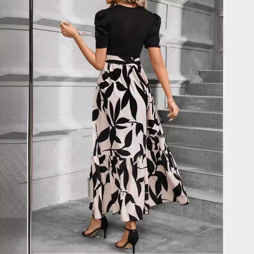 Black and White Floral Print Dress with Belted Waist