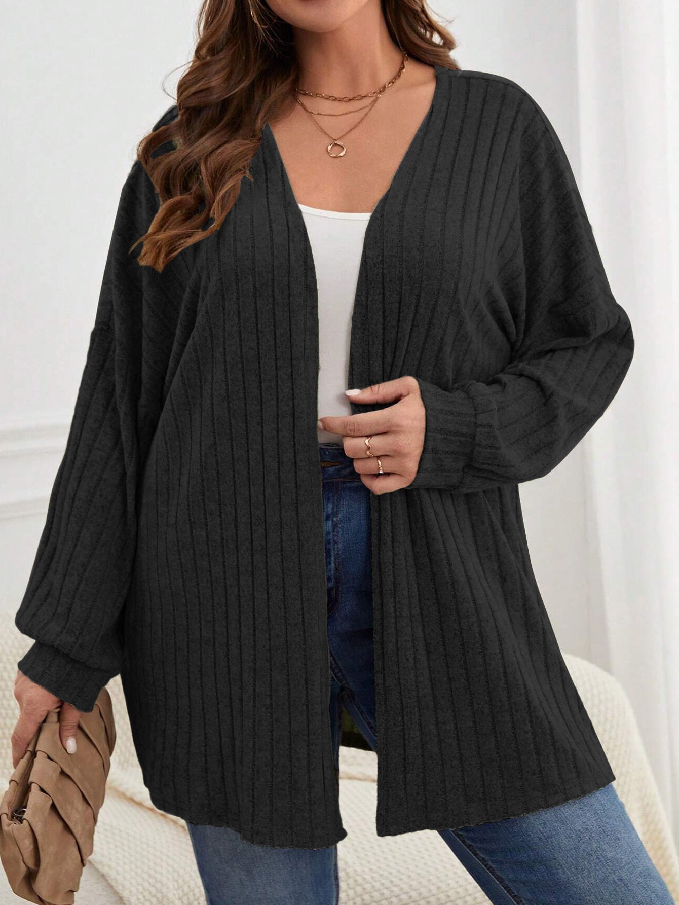 Ribbed Open Front Cardigan