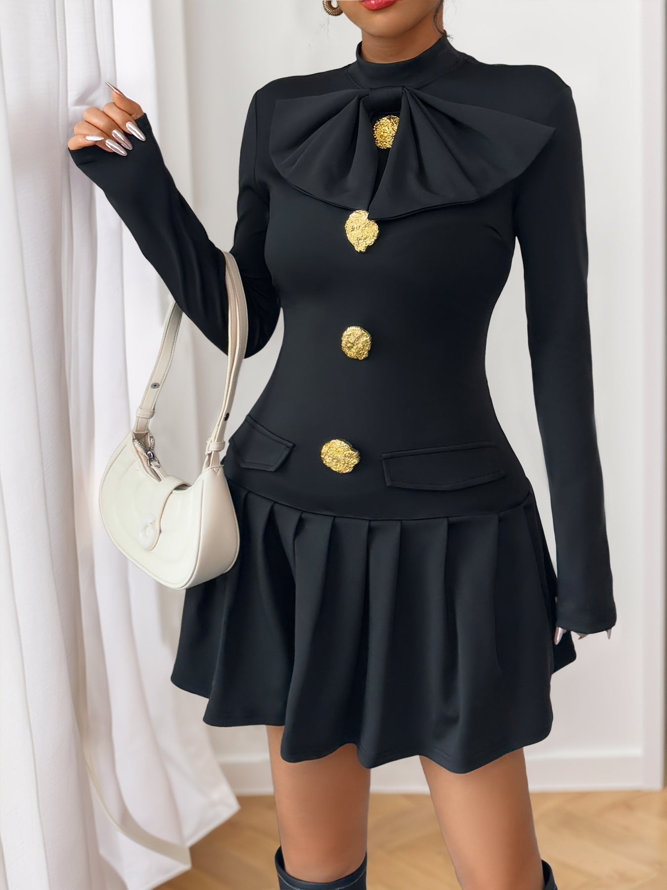 Bow Button High Neck Long Sleeve Dress