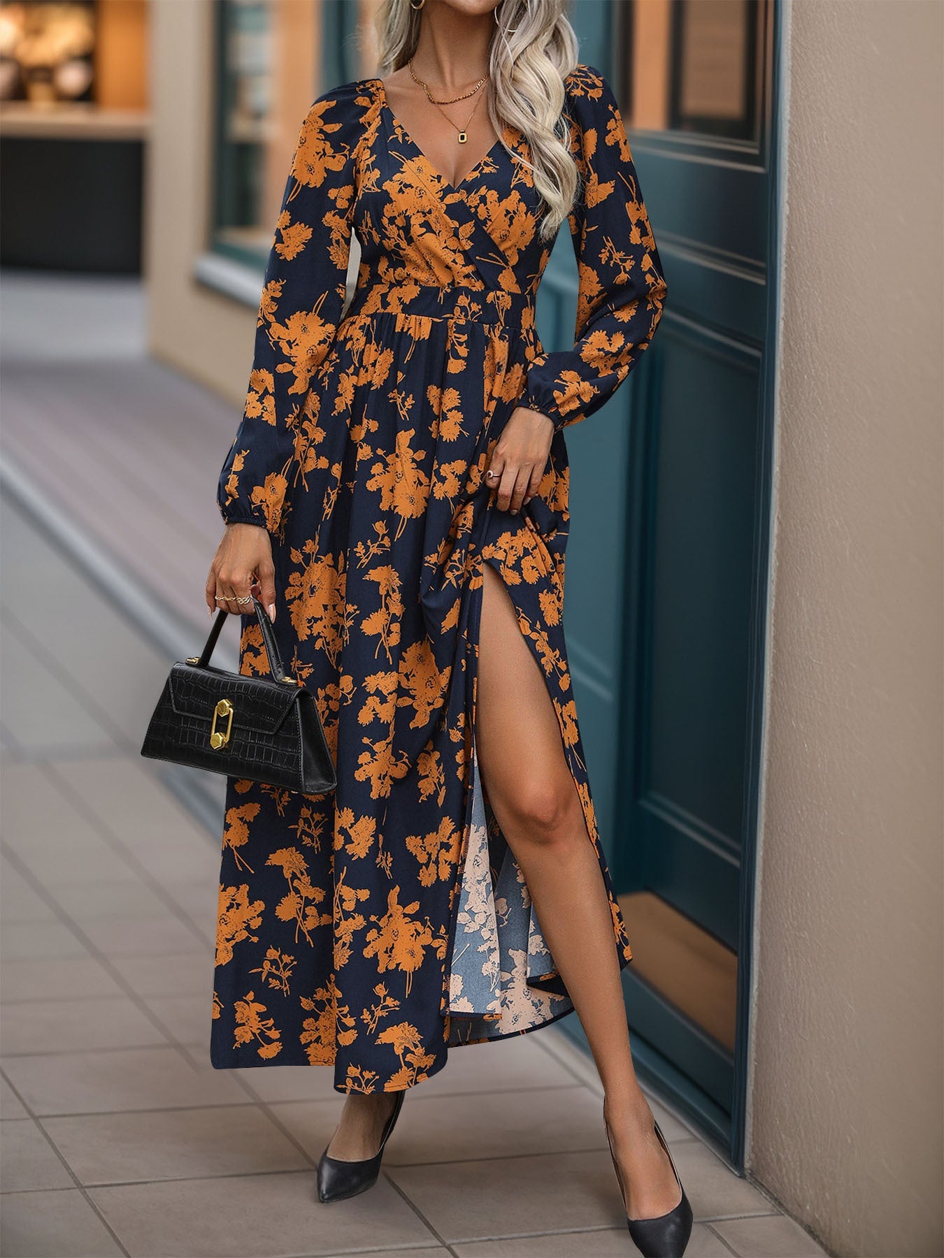 Long Sleeve V Neck Printed Maxi Dress
