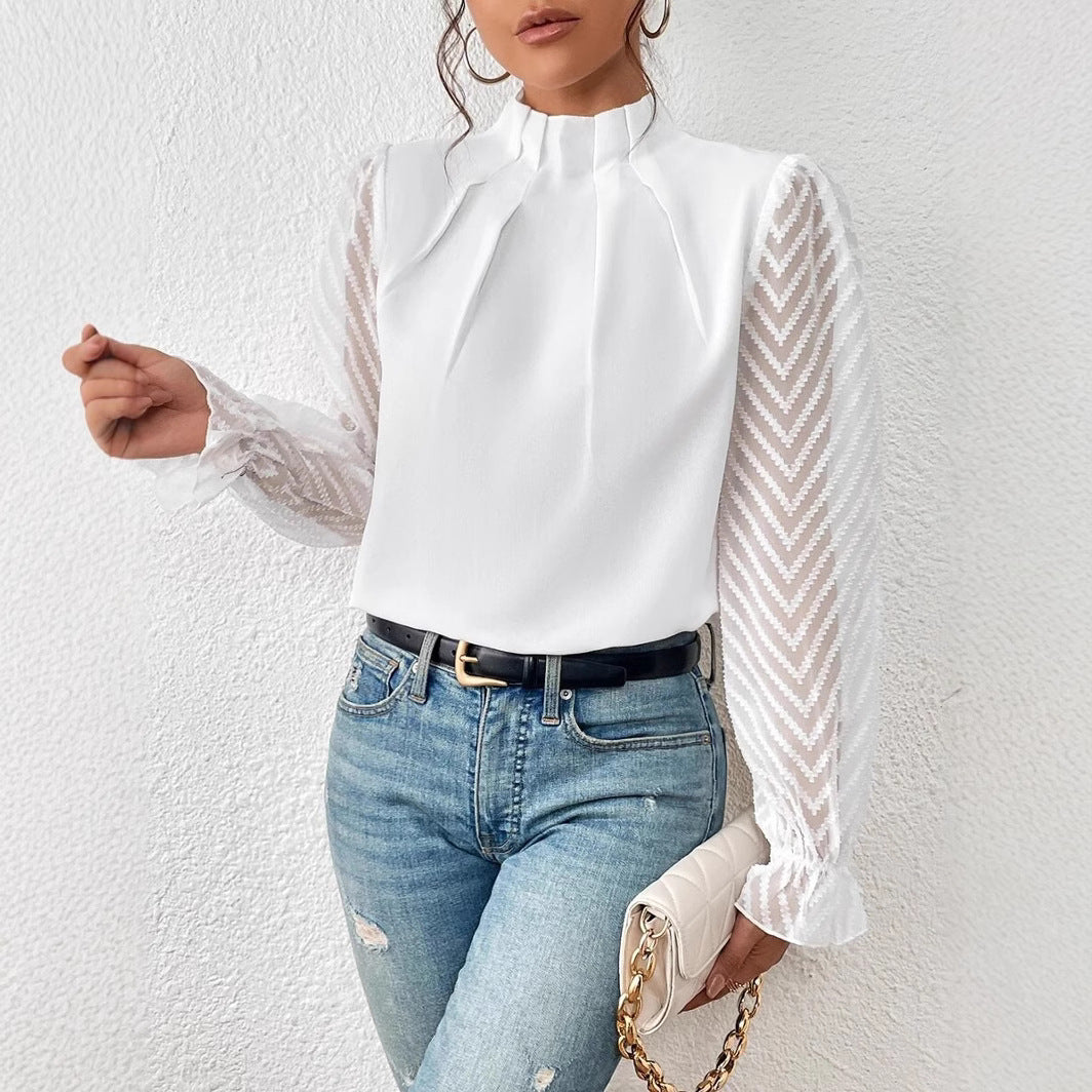Chevron Sleeve Pleated Collar Blouse