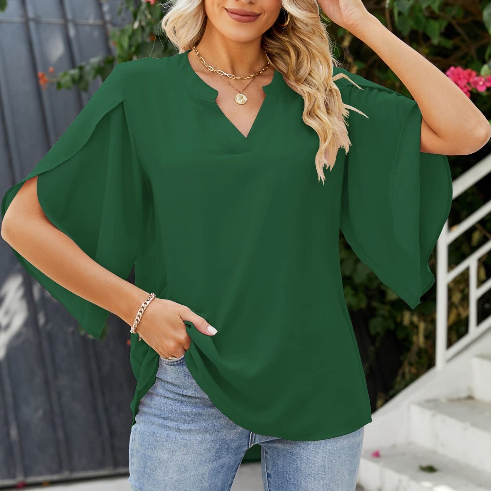 Women's Loose V-Neck Chiffon Blouse Solid Casual Top