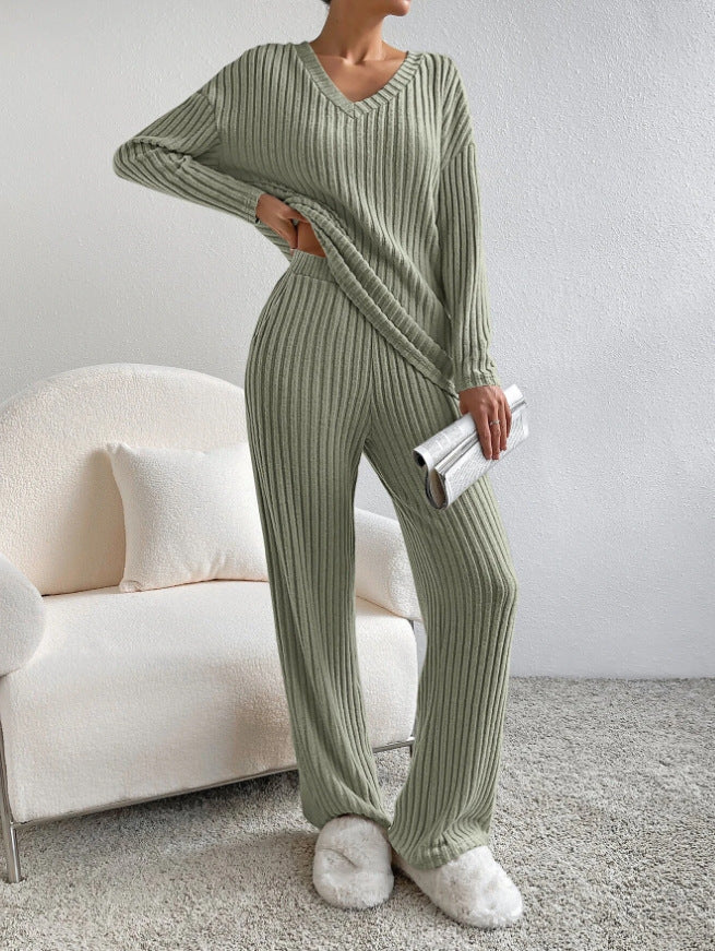 Long Sleeve V Neck Ribbed Knit Top and Straight Pants Set