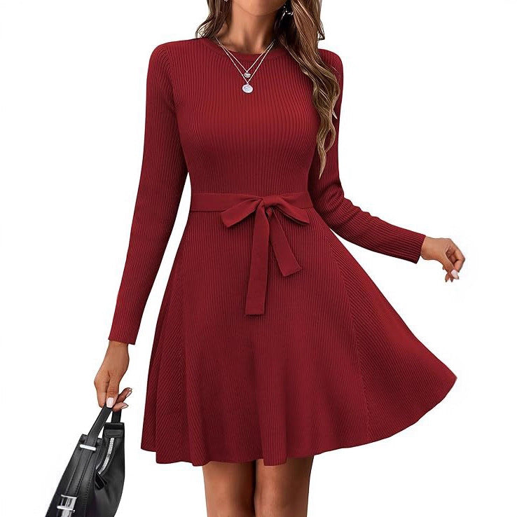 Ribbed Knit Long Sleeve Dress with Belt