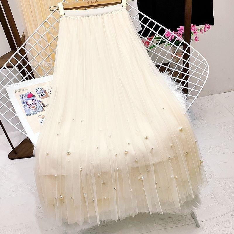 Beaded Mesh Pleated Midi Skirt