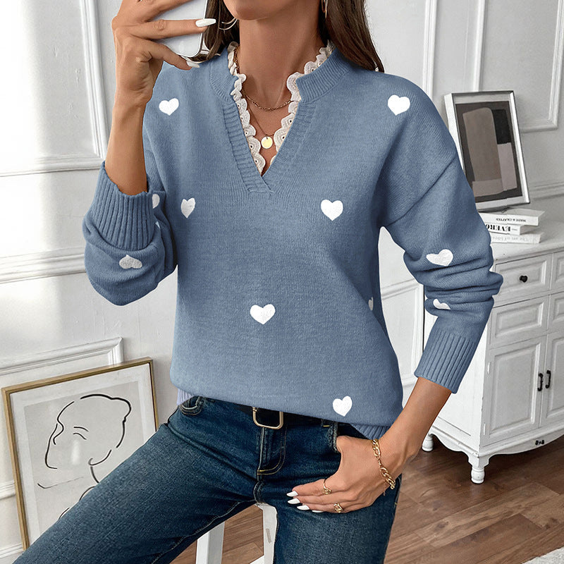 Heart Pattern Lace Trim Knit Pullover Sweater
