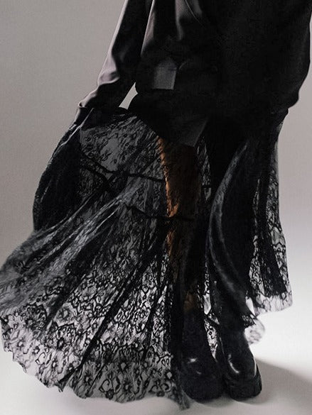 High Waist Lace Sheer Pleated Midi Skirt